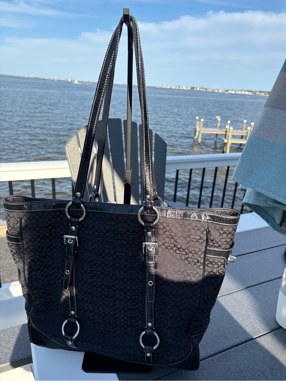 Coach Black Signature Logo Tote with Silver Hardware